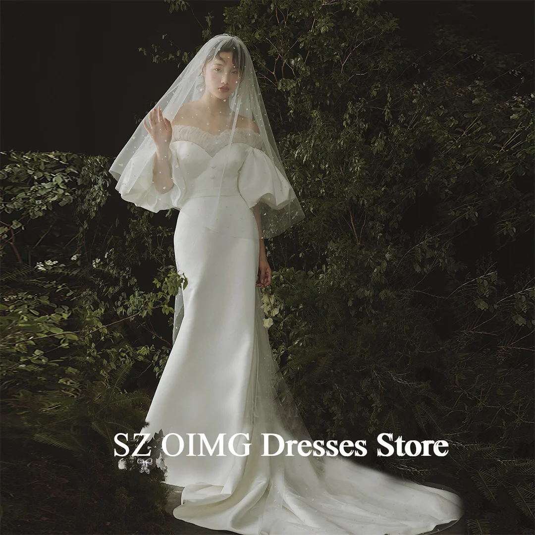 

OIMG Korea Wedding Dresses Puff Sleeves Ruched Satin Sweep Train Boho Elegant Ivory Country Bride Gowns Formal Bridal Dress