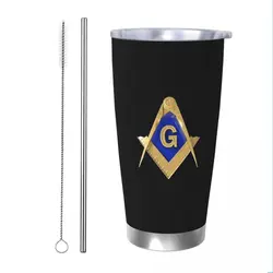 Freemason Gold Square Masonic Tumbler Vacuum Insulated Mason Thermal Cup Stainless Steel Smoothie Tea Mug Spill Proof, 20oz