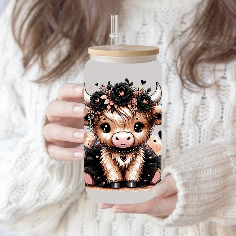 3D UV DTF Transfers Stickers 16oz Cup Wraps Cartoon Animal Cow Printed For DIY Glass Ceramic Metal Leather Etc. D14948