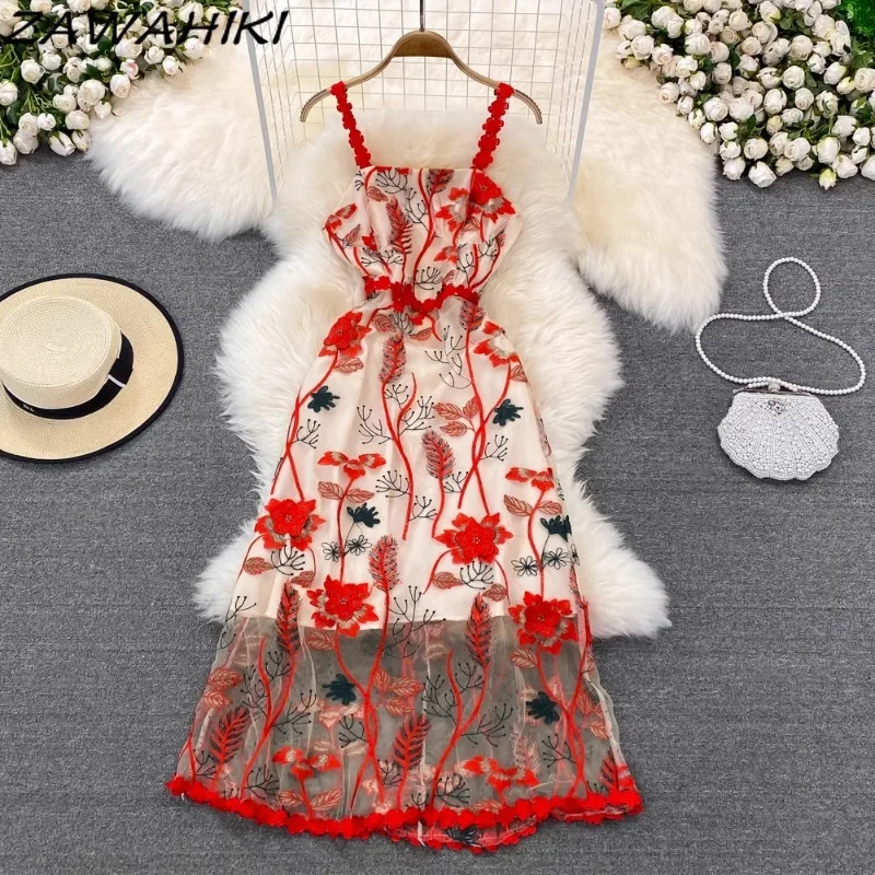 Camisole Dress for Holiday Embroidery Lace Vestidos Floral Korean Patchwork Ropa Mujer Backless High Waist Elegant Femme Robe