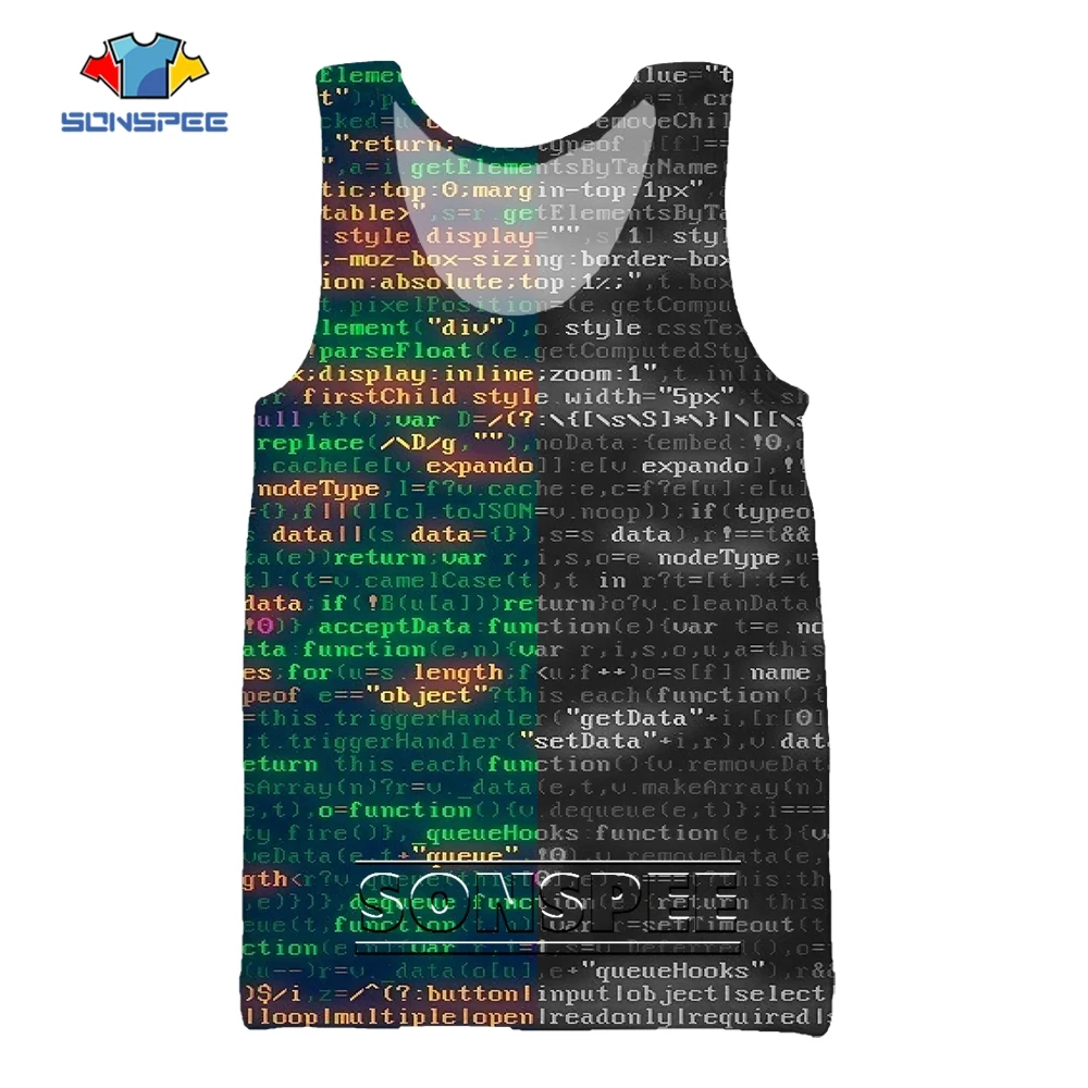 

SONSPEE Computer Program Code Pattern 3D Print Sleeveless Men Women's Beach Vest Plus Size Hacker Hip Hop Personality Clothes