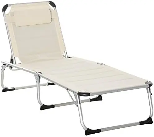 

Foldable Outdoor Chaise Lounge Chair, 5-Level Reclining Camping Tanning Chair with Aluminum Frame, Padding, and Headrest for Bea