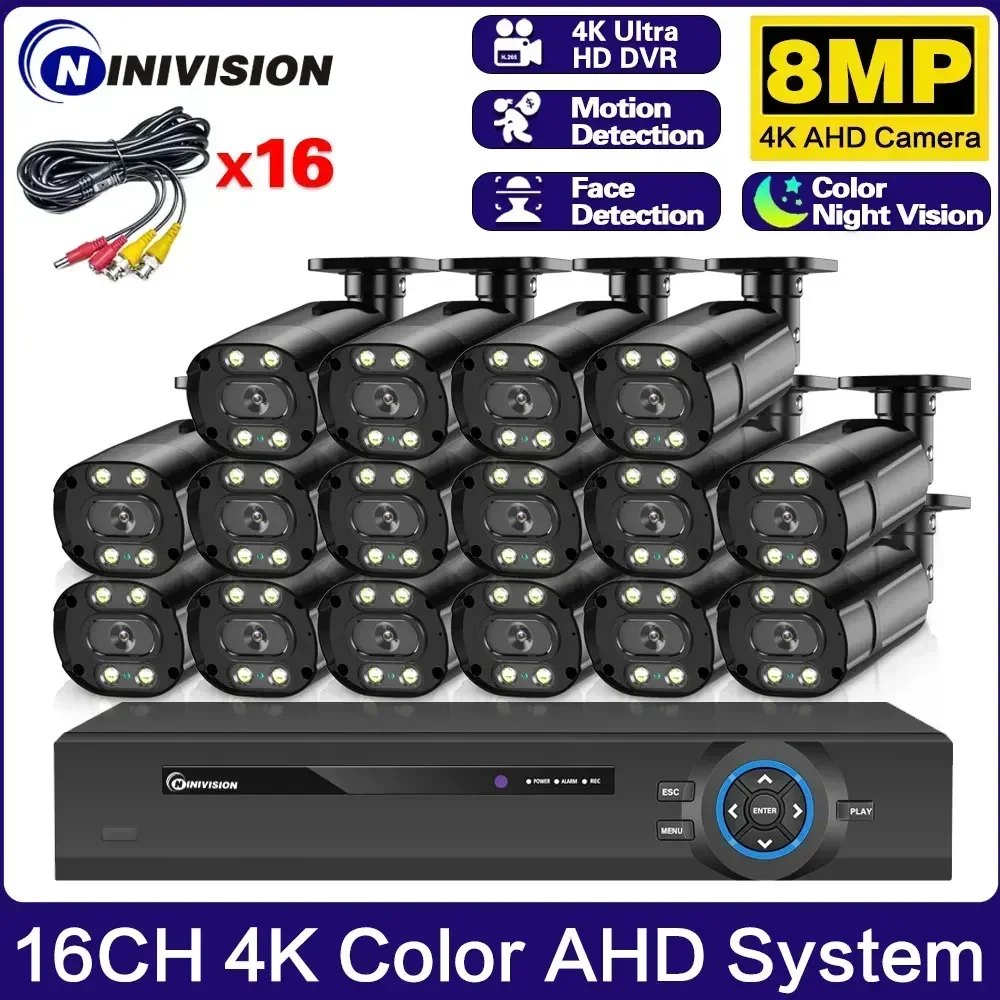 풀 컬러 나이트 비전 보안 카메라 세트, 16CH 4K 울트라 HD CCTV DVR 키트, 야외 8MP AHD 카메라 비디오 감시 시스템 키트 