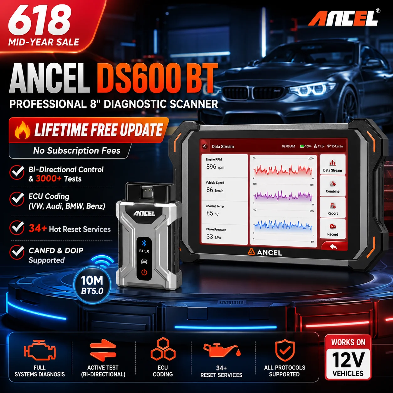 

ANCEL DS600 BT OBD2 Diagnostic Tool Lifetime Free Update ECU Coding Bidirectional Scan Tool CANFD DOIP Auto Scanner Diagnostics