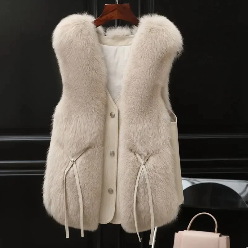 Pop High Quality Imitation Fox Fur Vest Jacket Women Fur Vest Jacket 2024 Winter Waistcoat Short Fur Vest Female Vestcoat Sleeve