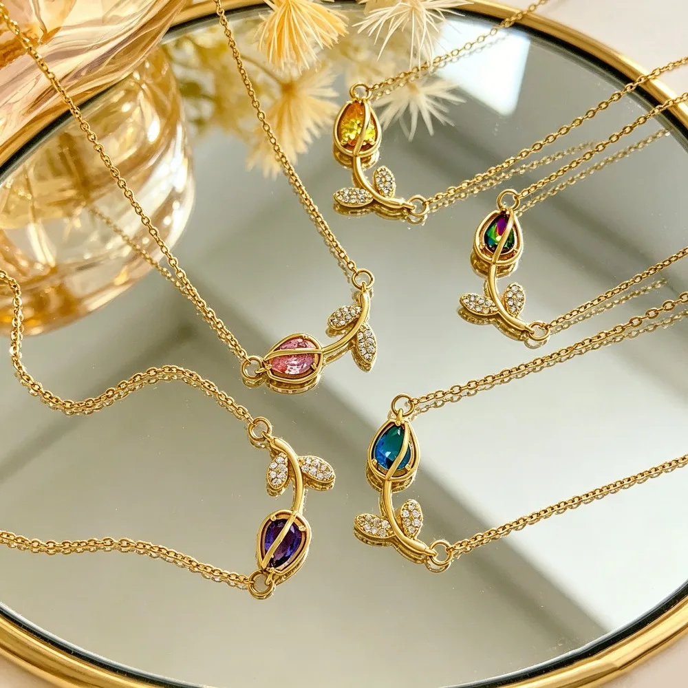 Luxury Exquisite Stainless Steel Multicolor Zircon Tulip Flower Pendant Necklace for Women Romantic Weddings Jewelry Colorfast