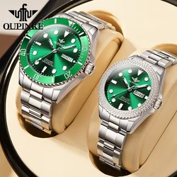 OUPINKE Romantic Exquisite Gift Box Set Couple Watch Diving Stainless Steel Strap Week Calendar Men and Women Wristwatch Luxury