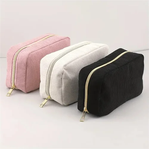 Bolsa de cosméticos para mujer, bolsa de maquillaje de Color sólido de pana, bolsa de almacenamiento de artículos de tocador portátil de viaje, bolso organizador