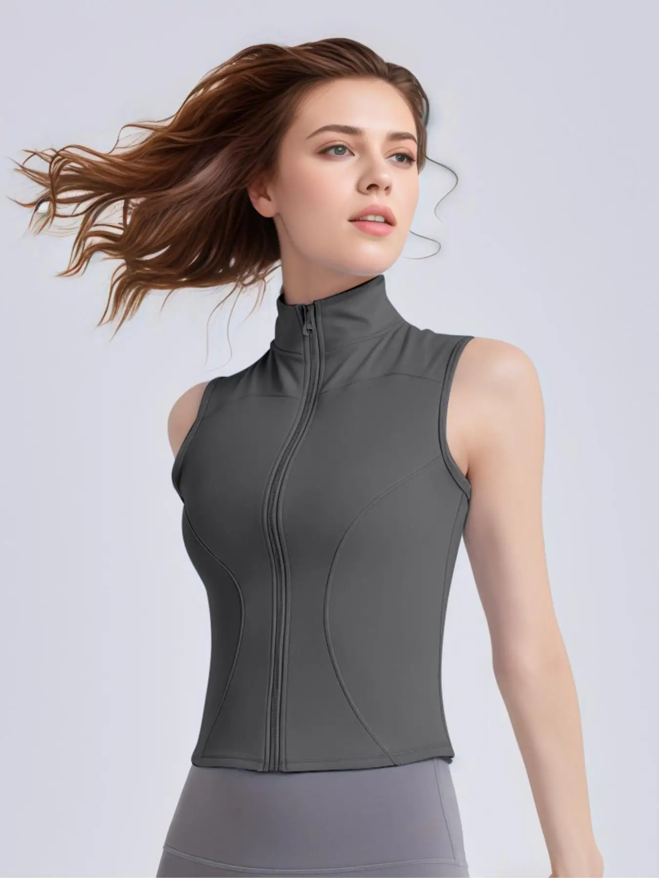 Women's Solid Thumb Hole Design Sports Jacket, Sporty Zip Up Sleeveless Outerwear for Yoga Gym Workout, Ladies Sportswear for Al