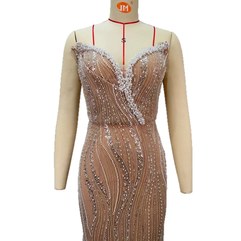 New Arrival Women's Apricot Heavy Beaded High Waist Slim Fit Bodycon Sequin Middle Eastern Evening Dress