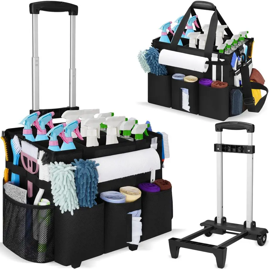 

Cleaning Caddy with Wheels, Large Cleaning Supply Organizer Bag with Detachable Trolley amp Shoulder Strap, WaterResistant Clean