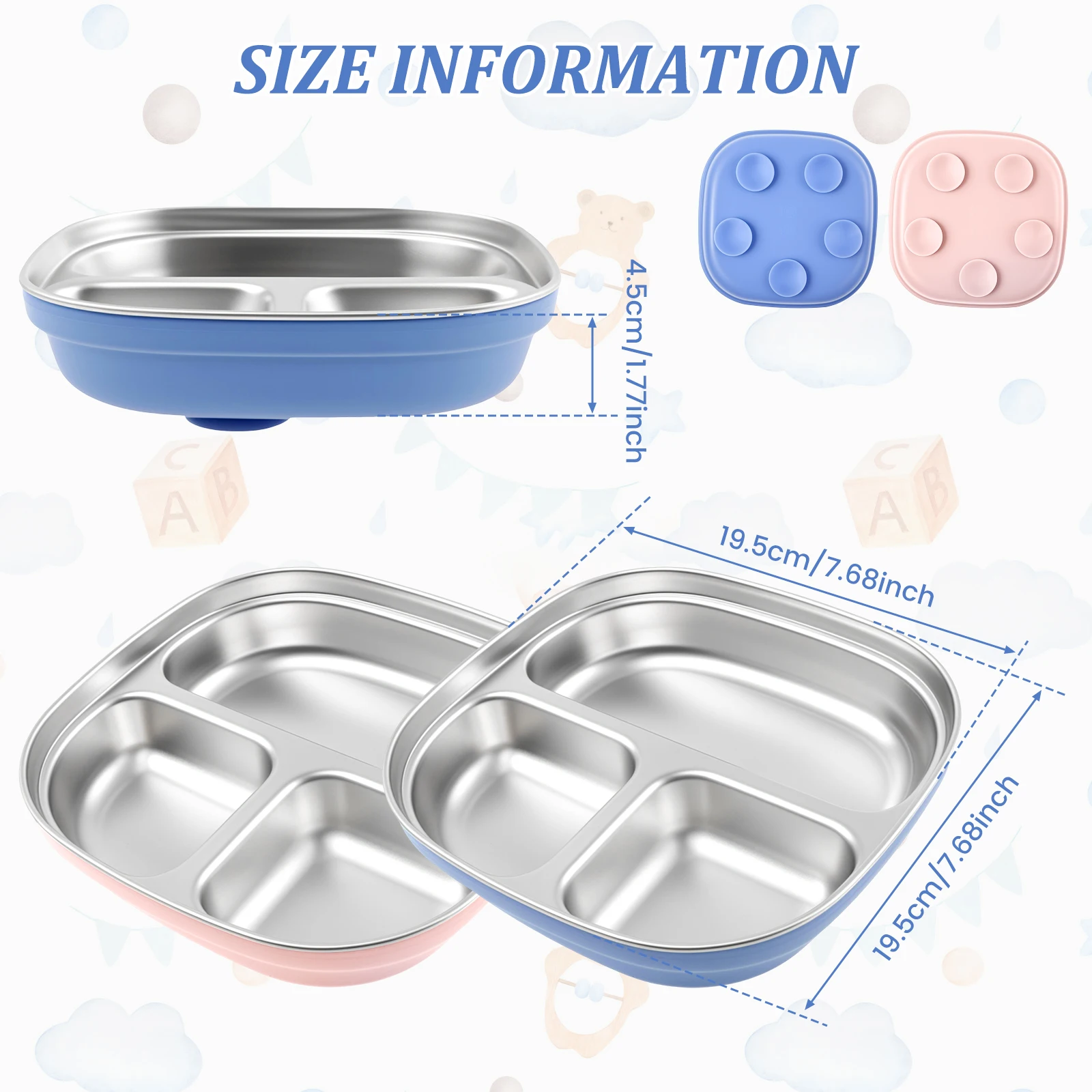 2Pcs Stainless Steel Baby Suction Plate Easy to Clean Heat Resistant Baby Divided Plate With Silicone Suction Cup for Toddlers