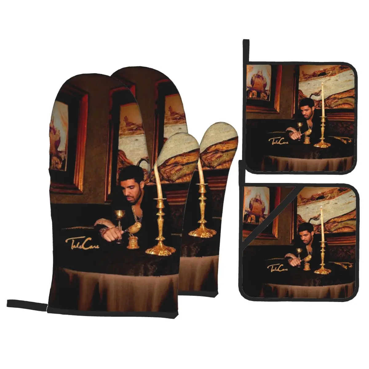 Hip Hop Rapper Drake Take Care Album Oven Mitts and Pot Holder Sets of 4 for Baking Cooking BBQ Resistant Non-Slip Gloves