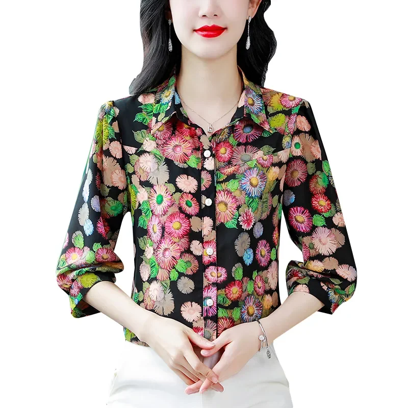 

Женская элегантная блузка с цветочным принтом, воротником и пуговицами, с рукавами 3/4