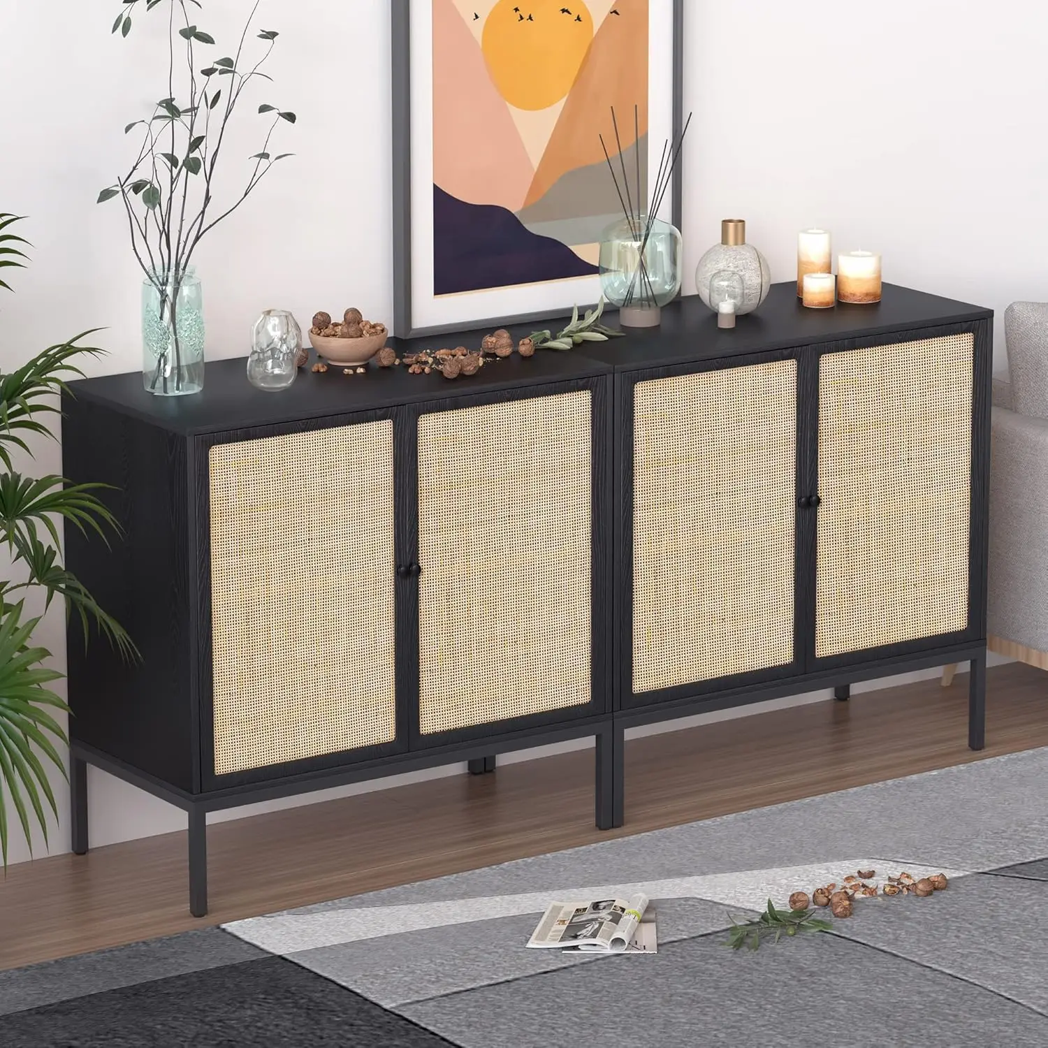 Sideboard Cabinet with Handmade Natural Rattan Woven Doors, Rattan Cabinet Accent Buffet Console Table Storage Credenza