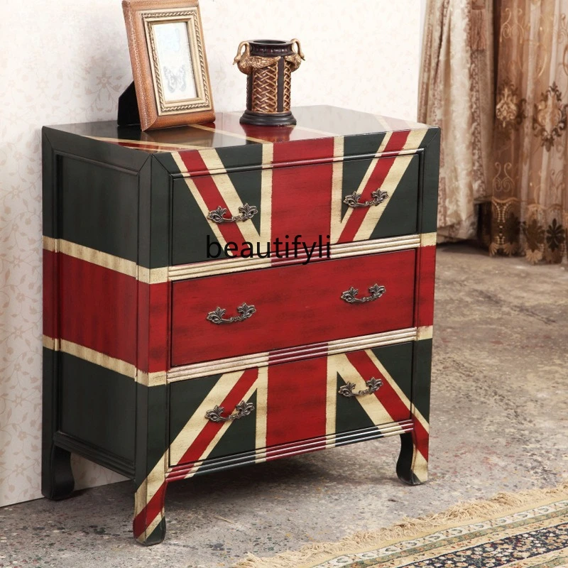 European side table, living room corner lamp table, three-bucket cabinet, British retro rice flag