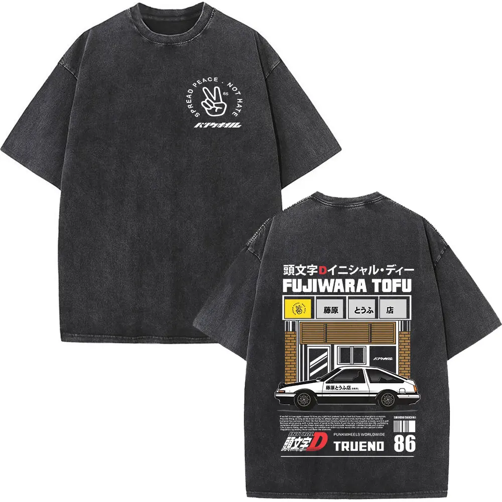 Customization Anime Initial D Drift AE86 Washed Vintage Print T-shirt RX-7 R34 Skyline GTR JDM T-shirts Men's Harajuku Cozy Over - view 3