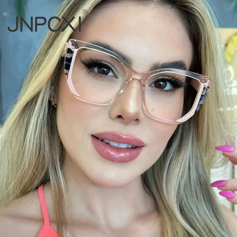 JNPCXI Fashion Cat Eye Colorful Women Glasses Big Frame TR90 Clear Anti Blue Light Eyewear Men Optical Transparent Pink Frame