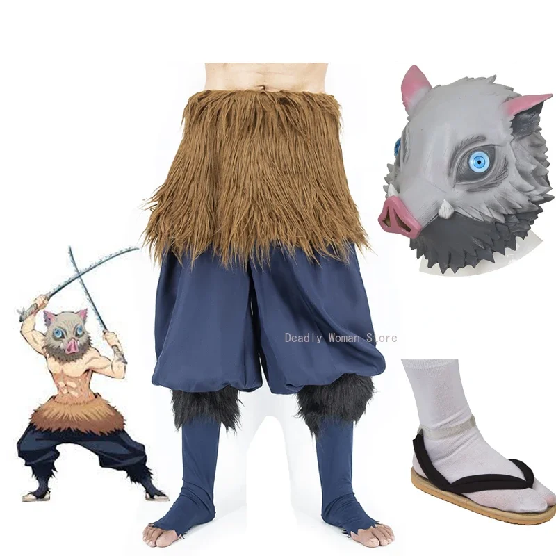 Disfraz de Anime Demon Slayer Kimetsu No Yaiba Hashibira Inosuke, máscara de silicona de cerdo, calcetines negros, sandalias, Cosplay