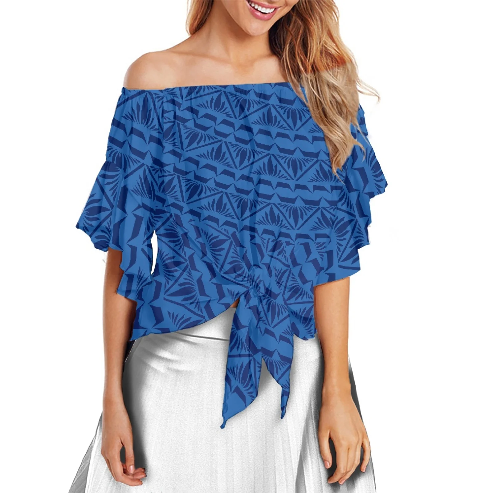 Navy Blue Summer Women Shirt Flare Sleeve Tattoo Print Women Off Shoulder Chiffon Skirt High Quality Ladies Wear Casual Top