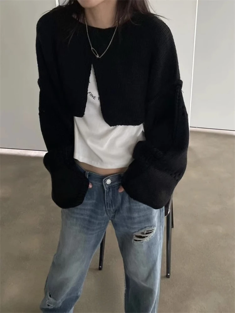 Korean Solid Split Casual Crop Pullover Women Hollow Out Harajuku Jumper Loose Knitted Y2k Aesthetic Grunge Streetwear Sweaters