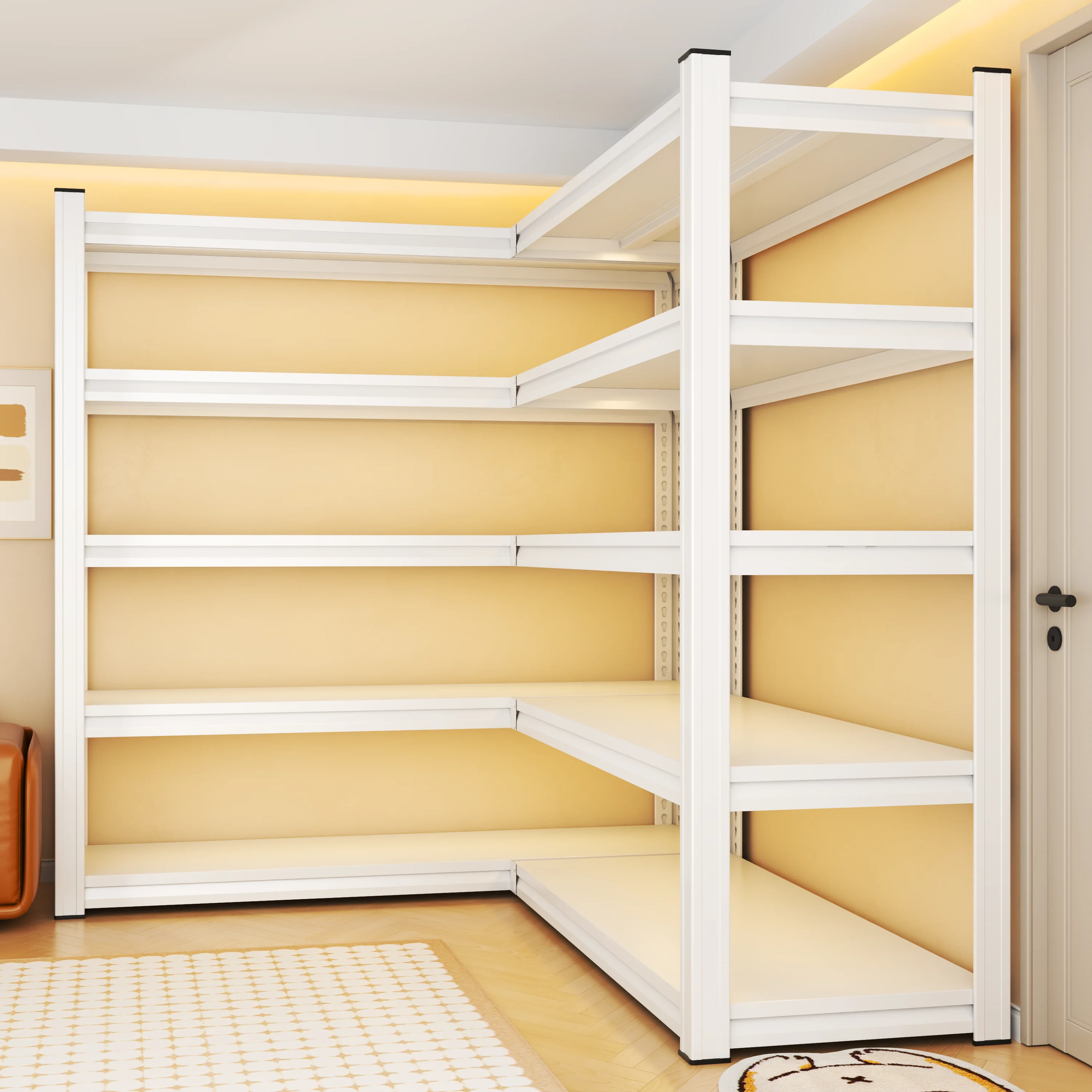 Corner L-shaped rack, corner multi-layer storage space unobstructed steel right-angle combination rack, suitable for multiple