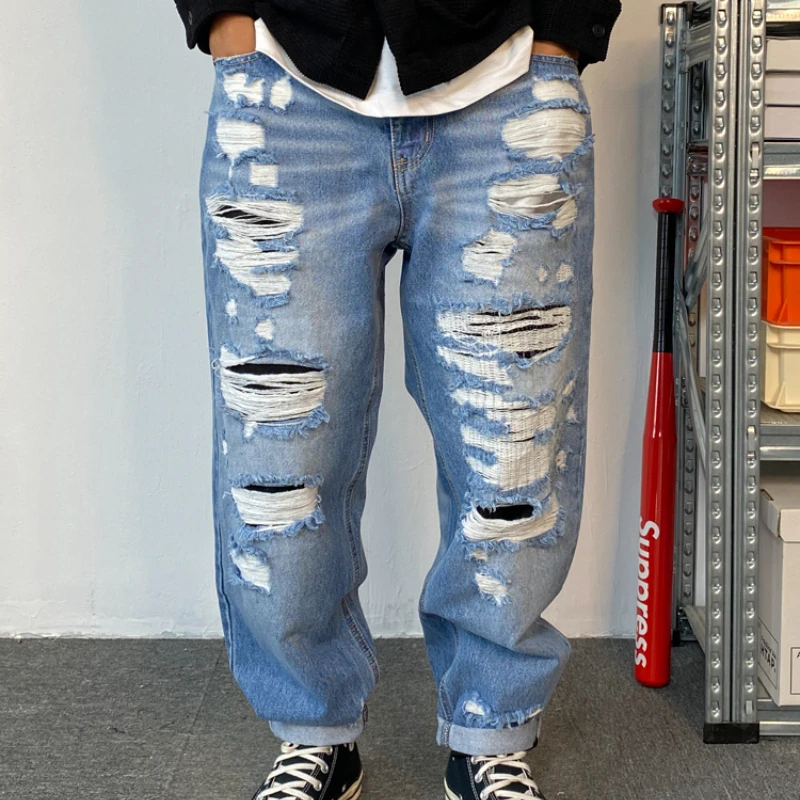 Casual Ripped Jeans Men Clothing Streetwear Denim Straight Cargo Pants Harajuku Distressed Beggar Trousers Male