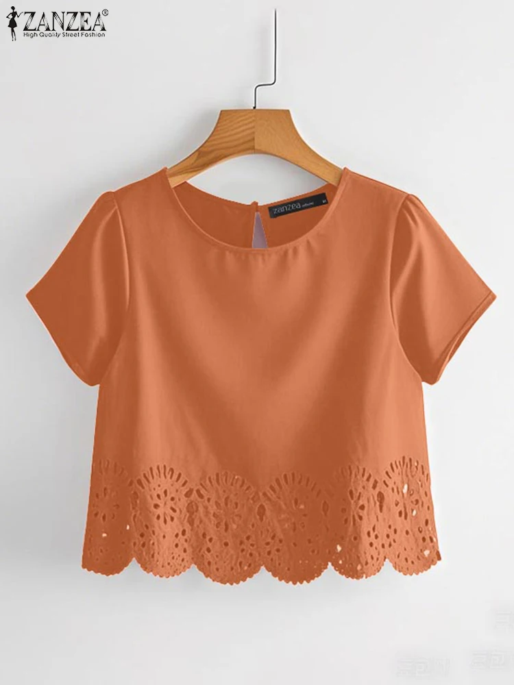 

ZANZEA 2025 Summer Woman Blouses Solid Scalloped Hem Hollow Out Openwork Blusas Mujer Short Sleeve Fashion Casual O-Neck Tops