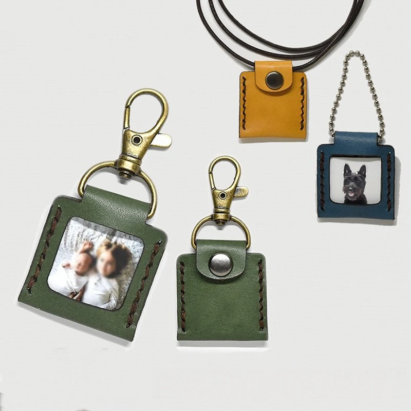 Simple 1-inch Photo Pendant Leather Keychain Portable Parent-child Couple Commemorative Photo Storage Bag Keyring DIY Gift
