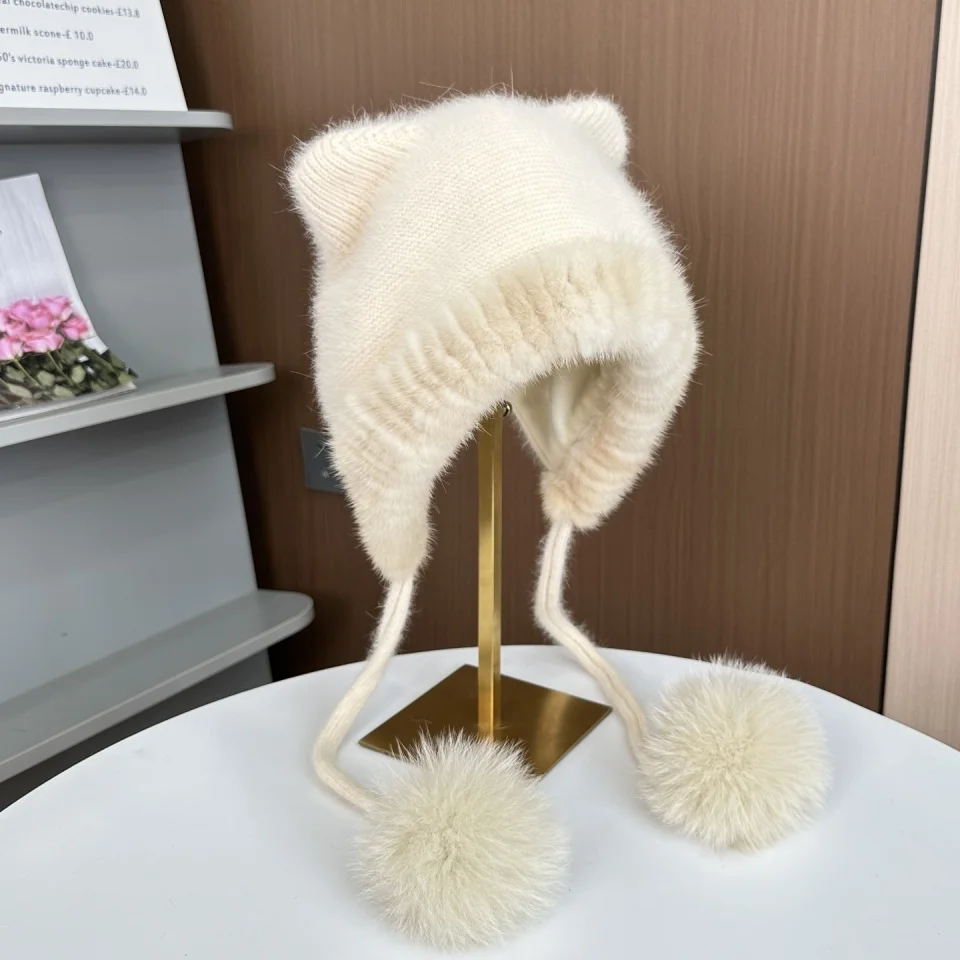 Autumn Winter Cat Ear Real Mink Fur Trim Hat Warm Comfortable Ear Protection Sweet Cute Fashionable Cap Women