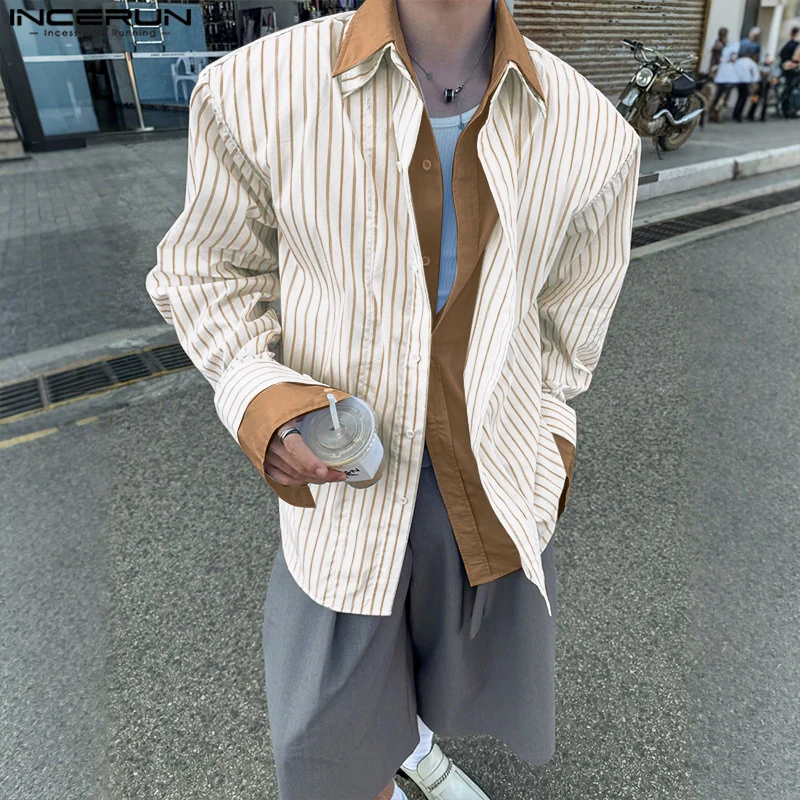 

INCERUN Мужская рубашка в полоску в стиле пэчворк с лацканами и длинным рукавом, свободная мужская одежда, уличная одежда, 2025 г., модные повседневные мужские рубашки в корейском стиле