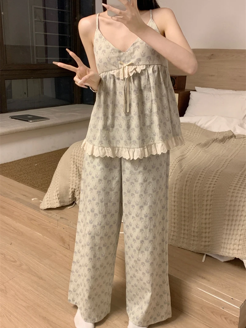 

Women's Summer New Pure Desire Floral Print Sleepwear Set with Chest Pad Strap Long Pants Home Clothes Two-Piece Set