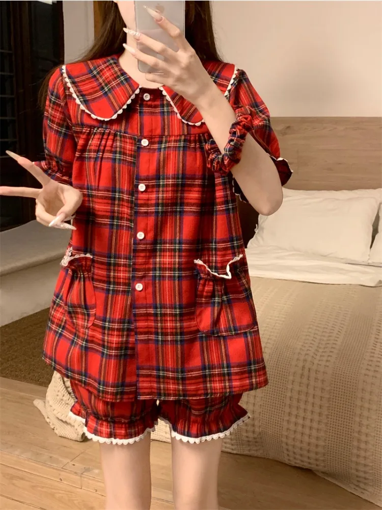 

New Korean Plaid Student Sweet and Lovely Homewear Women Homewear Suit Pajamas Girl Fashion Loungewear Comfor Home Clothes Set