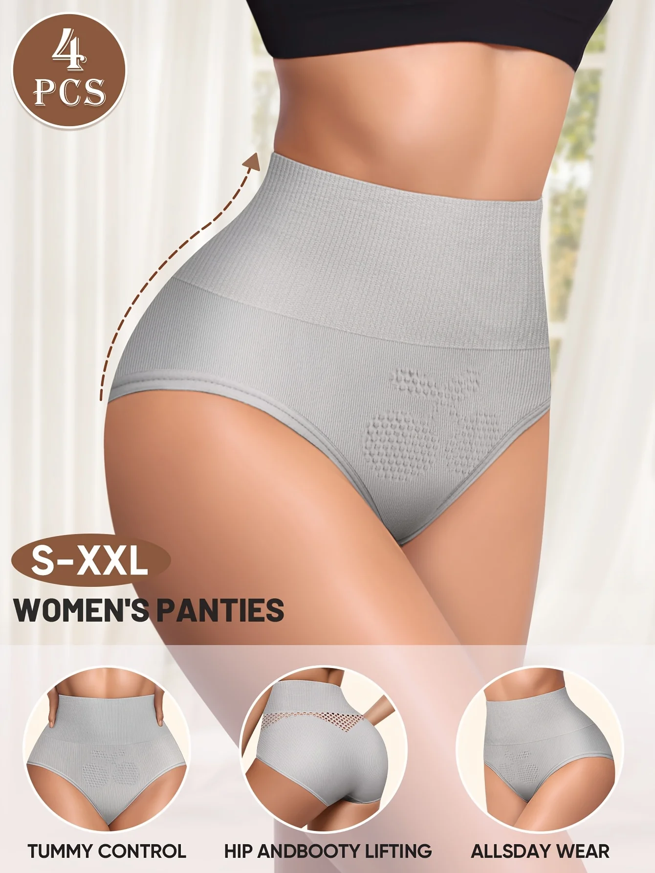 4pcs Women'S High-Waist Tummy Control Shapewear Underwear - Seamless, Butt Lifting, Floral Pattern, Breathable & Comfortable,