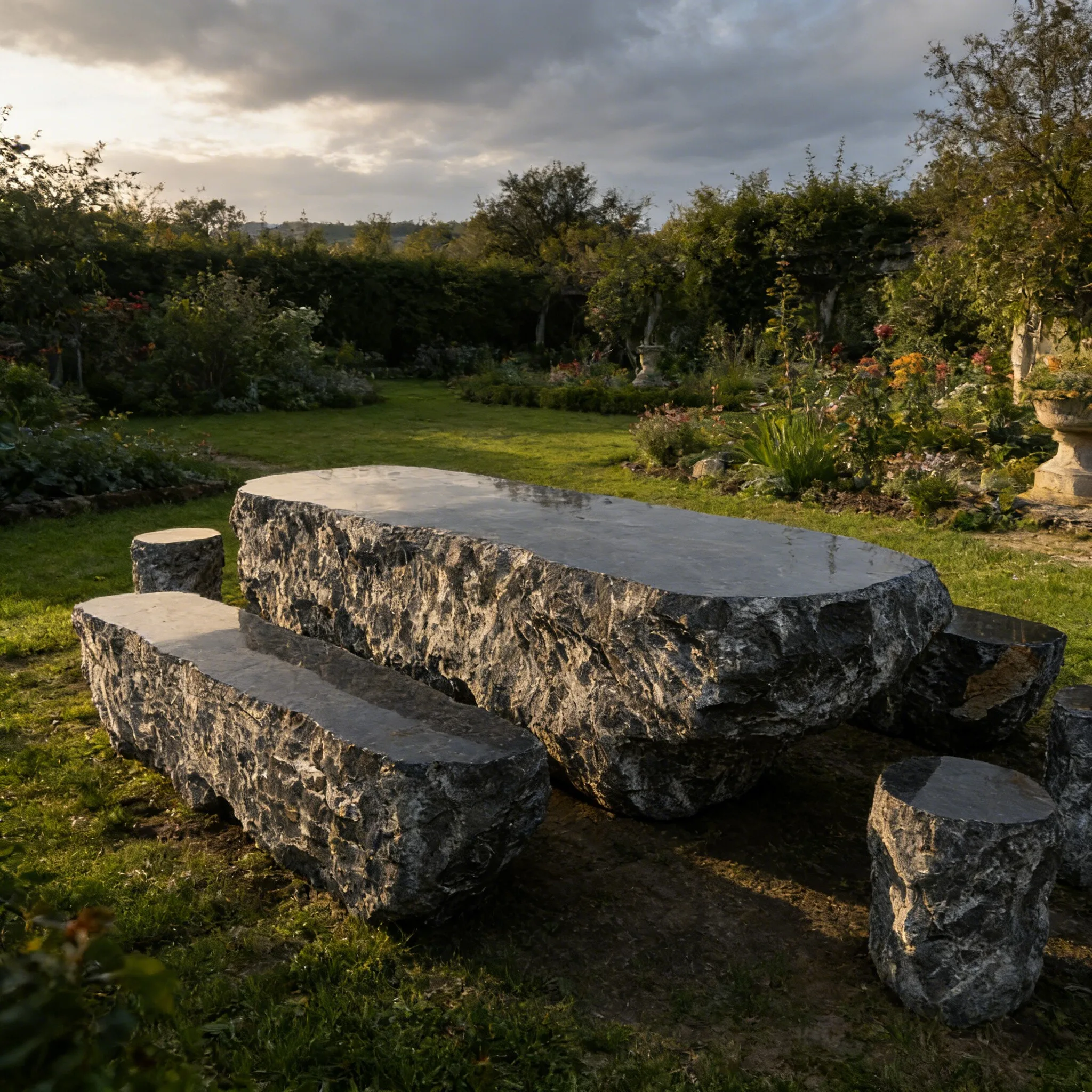Villa & Park Outdoor Garden Hand Carved Natural  Marble Round Table with Chair Bench Seats Durable Deposit Only