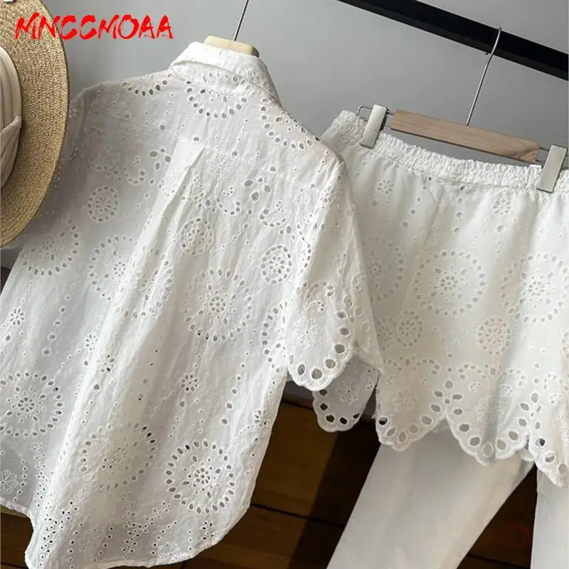 MNCCMOAA-Women's Vintage Embroidery Short Sleeve Polo Shirt and Mid Waist Shorts Set, Summer Fashion, Hollow Out, Female, 2024