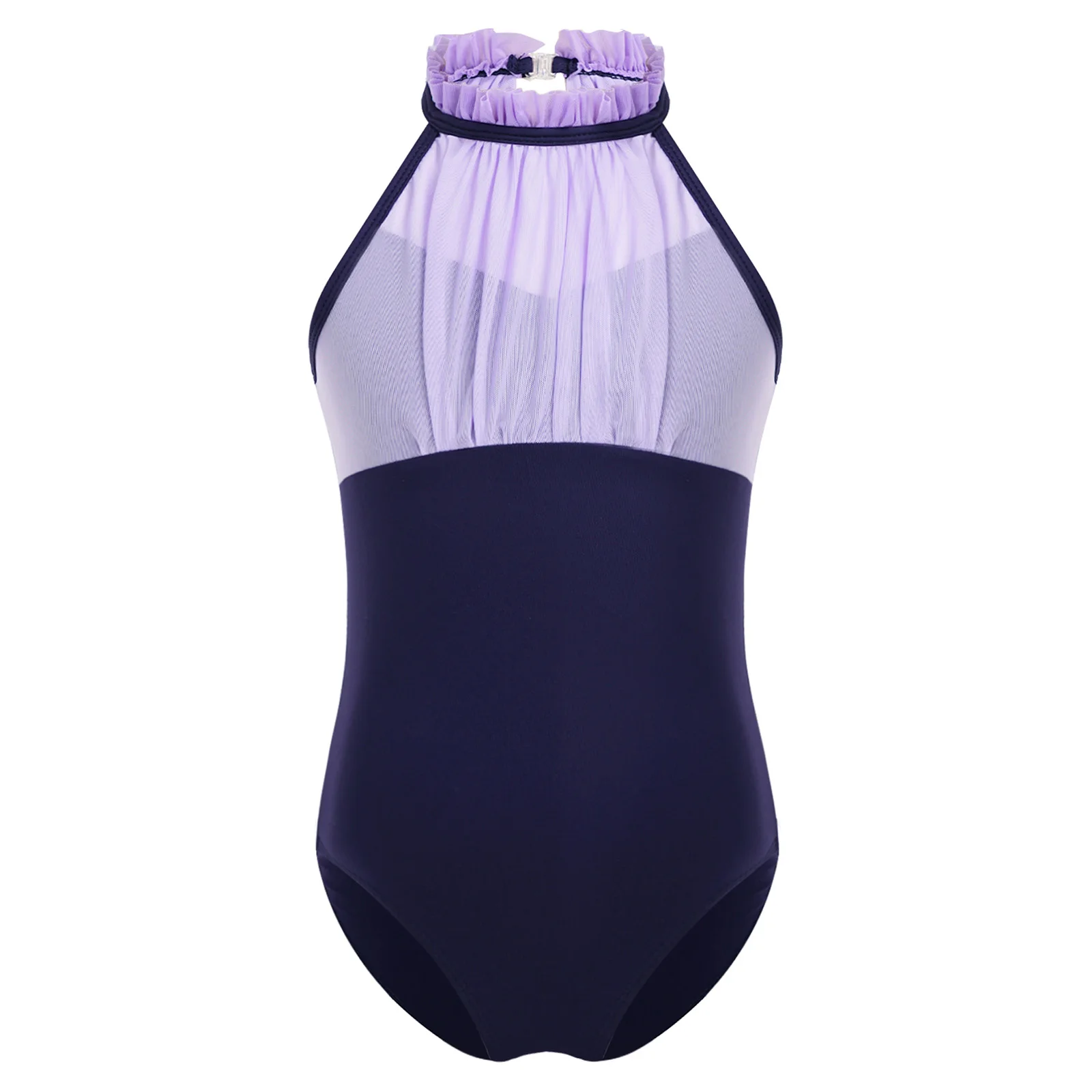 Kids Girls Lyrical Ballet Jazz Dance Costume Color Block Frilly Halter Cutout Back Bodysuit for Latin Dance Stage Performance