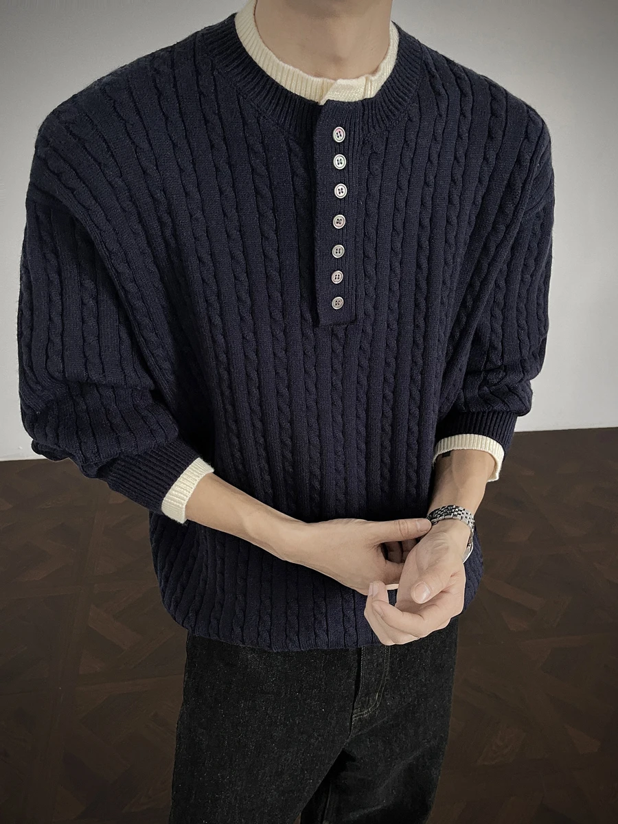 

Мужской теплый свитер свободного кроя с воротником хенли, синий, в американском ретро-стиле, зимний, повседневный, с длинными рукавами, вязаный топ