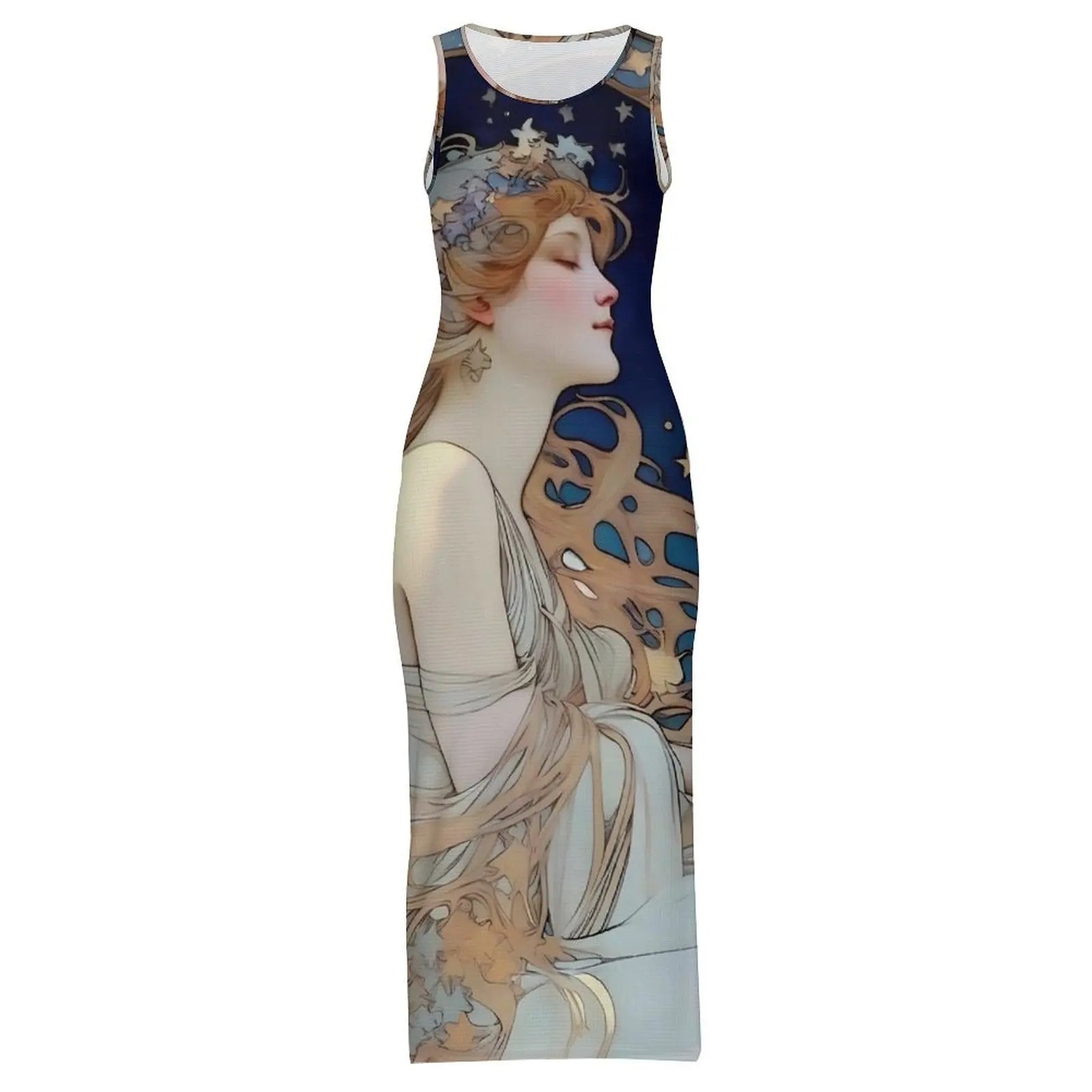 Robe moulante pour femme élégante Art Nouveau Maxi robes vacances Alphonse Mucha inspirée de la lune et des étoiles Y2K robe graphique de mode