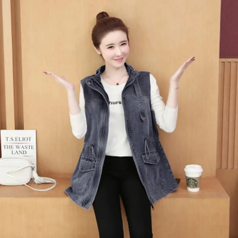 Fashion Mid Length Denim Vest Female Casual Loose Lower back Jeans Jacket Vests Women\'s Korean Version Denim Coat Outerwear