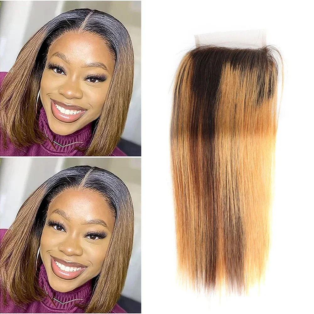 

Transparent 4x4 Lace Front Closure Brazilian Straight Lace Closure Human Hair P4/27 Brown Closure Only Hand and Machine Made