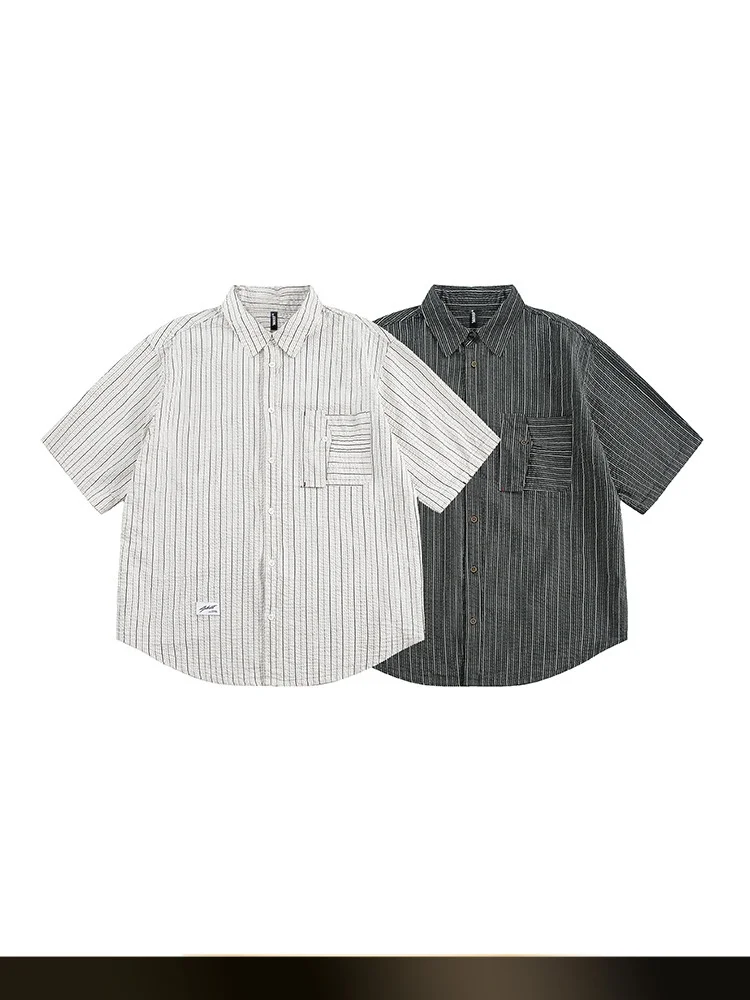 

Nted Japanese Retro Color Blo Striped Bubble irt Men's Summer Casual f Sve Cotton Youth Faion Loose Fit Button up