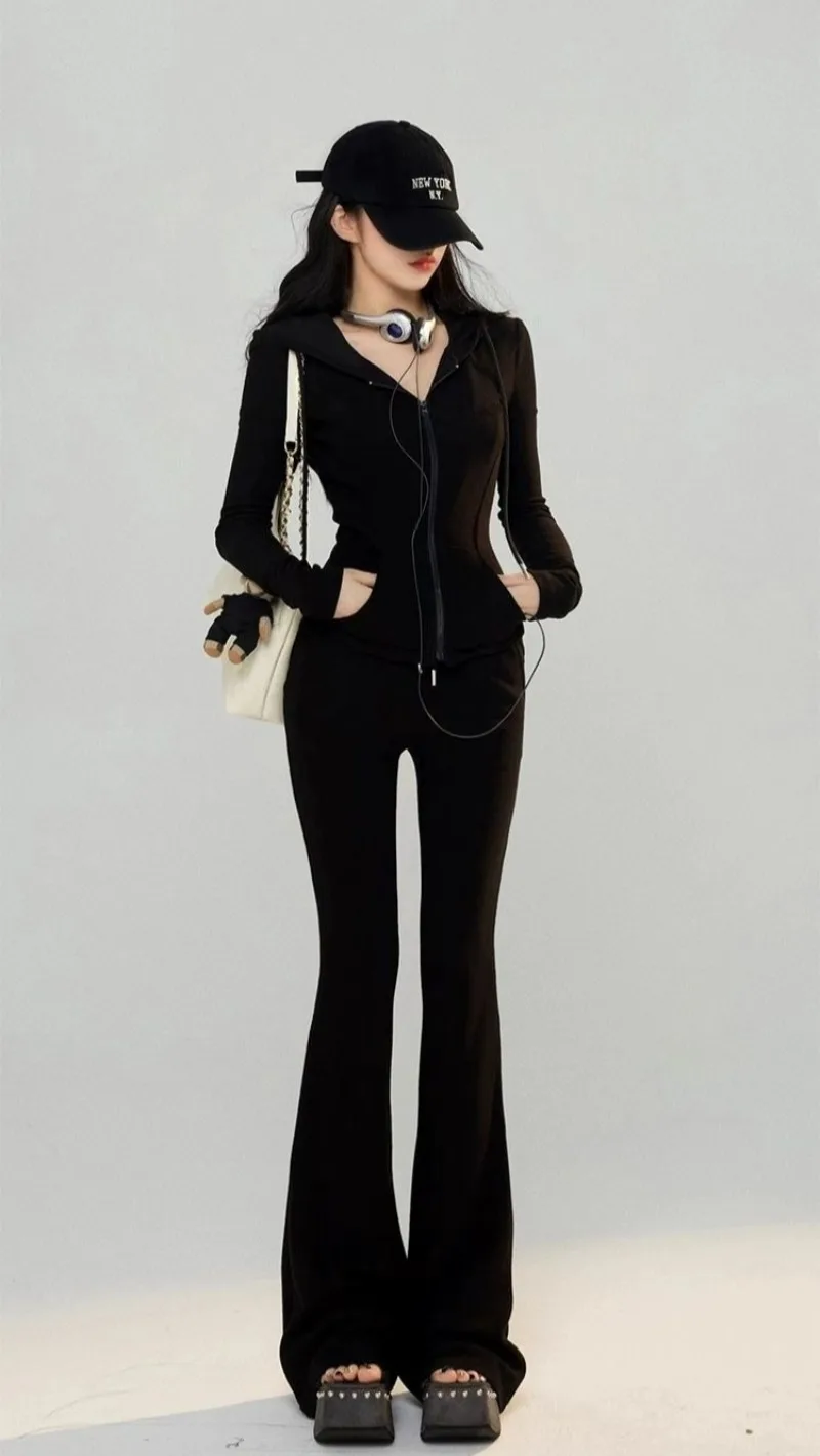 

Women Spring Summer New Arrival Two Piece Set Hooded Cardigan Sun Protection Top Coat Tie Waist Slimming Micro Flare Long Pants