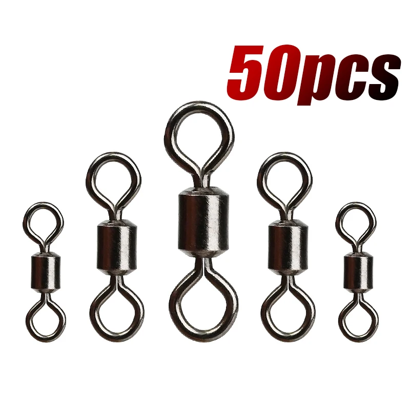 MEREDITH 50PCS/Lot Риболовен вирбел Размери Плътен съединител Сачмен лагер Вирбели за риболов Навиващи се мъниста от неръждаема стомана
