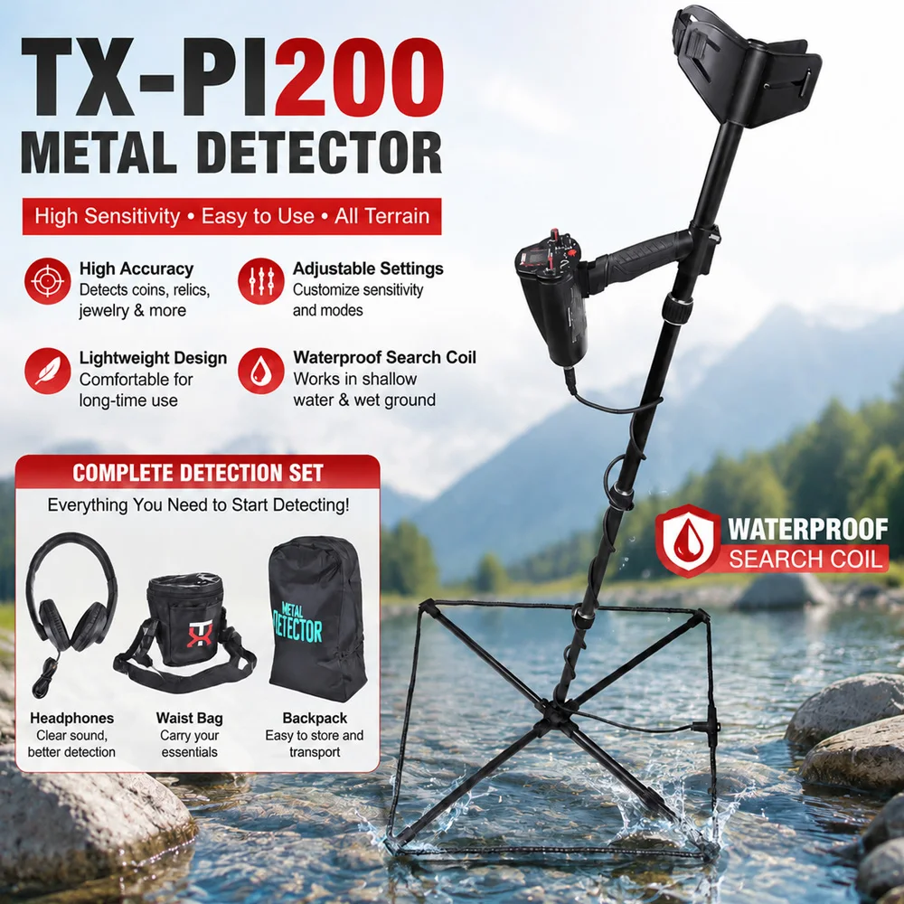 PI200 Pulse Induction Metal Detector Professional Gold Silver Treasure Hunter 60*60CM Big Coil 5M Rechargeable Metal Detector