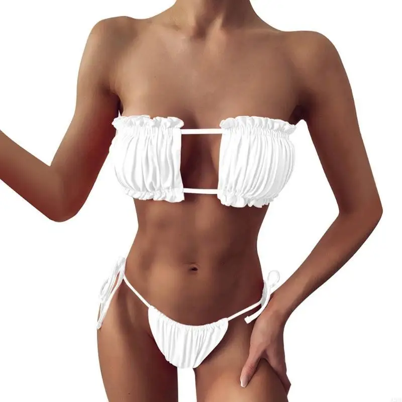 

J2HE Womens Sexy 2 Piece Set Strapless Ruffle Ruched Bandeau Low Rise Swimsuit