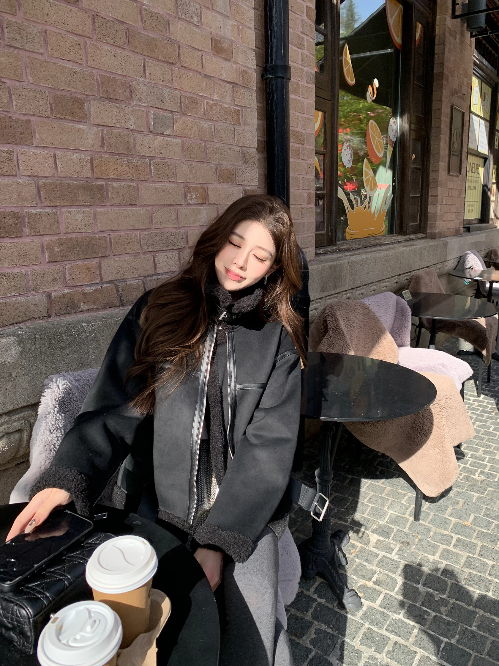 

Organic Bla Fur And Leather Flight Jaet Women's Casual Sweet Cool Sle Inteated Design Long Sve Zipper Closure Coat