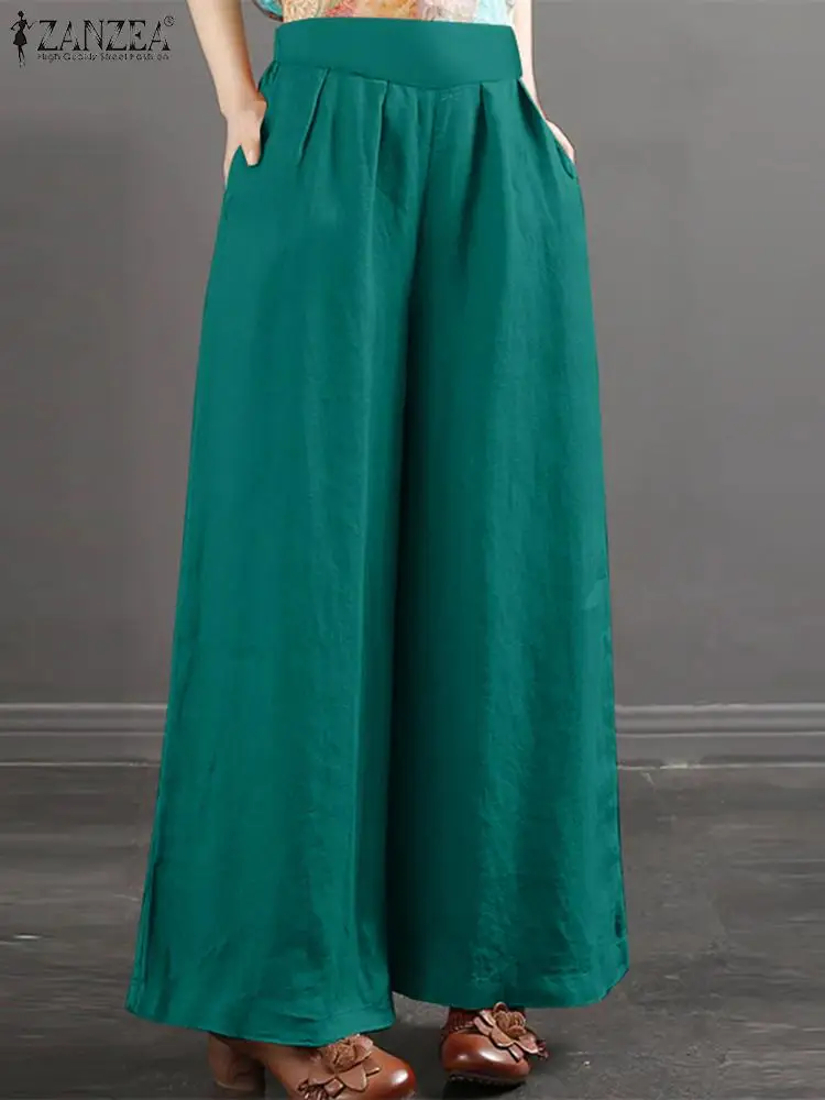 

ZANZEA Summer Vintage Wide Leg Trousers Women Elegant Casual Work Pantalon Female Party Palazzo Elastic Waist Solid Loose Pants