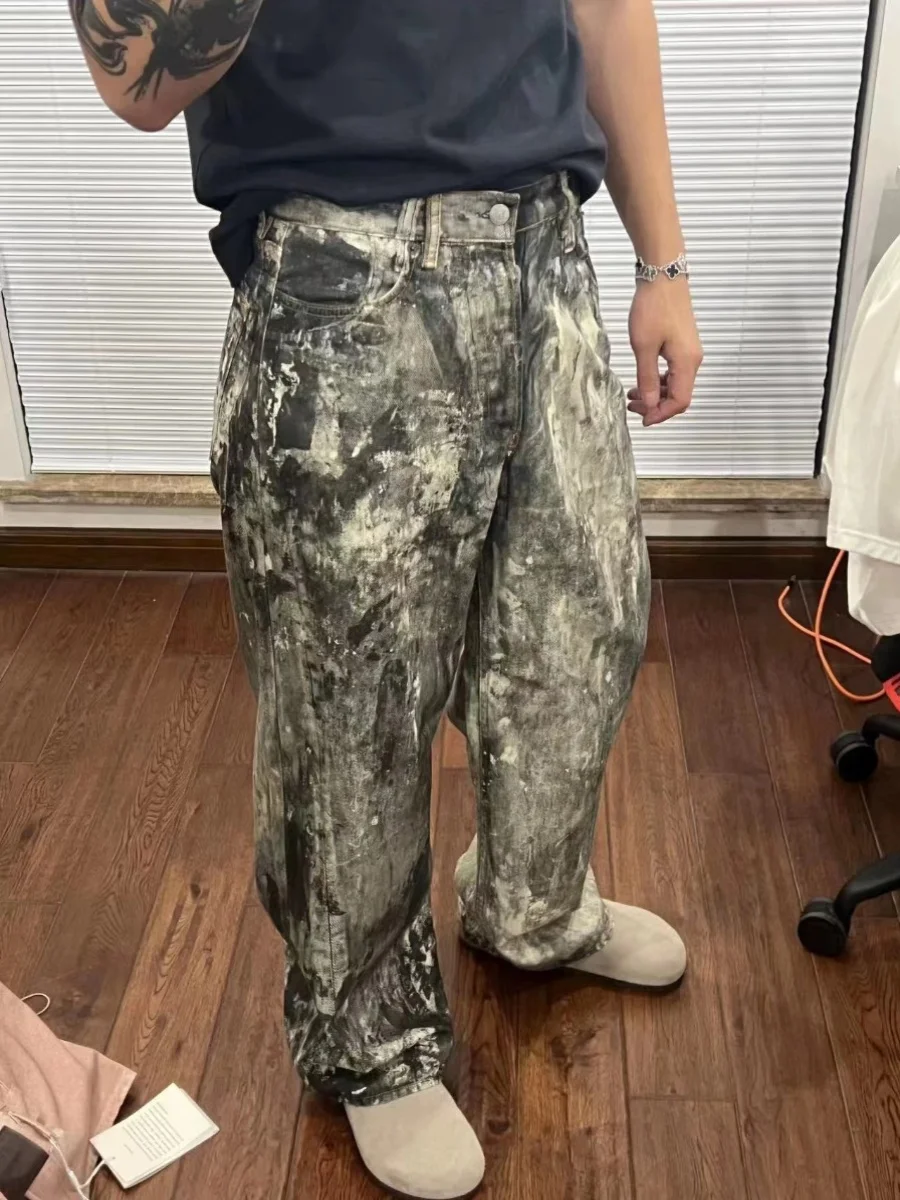 

Retro American 3D Digital Printing Camouflage Splatter Denim Jeans Men's Trendy Street Loose Straight Casual Long Trousers