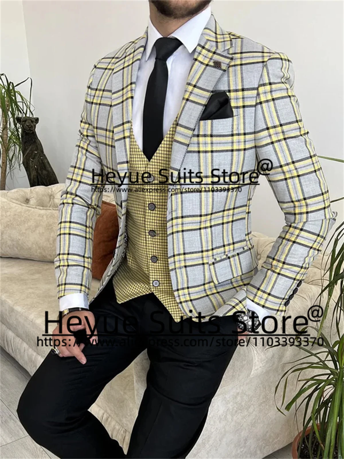 Italian style Plaid Prom Men Suits Slim Fit Custome Made Notched Lapel Groom Tuxedos 3 Pcs Sets Casual Male Blazers Ropa Hombre